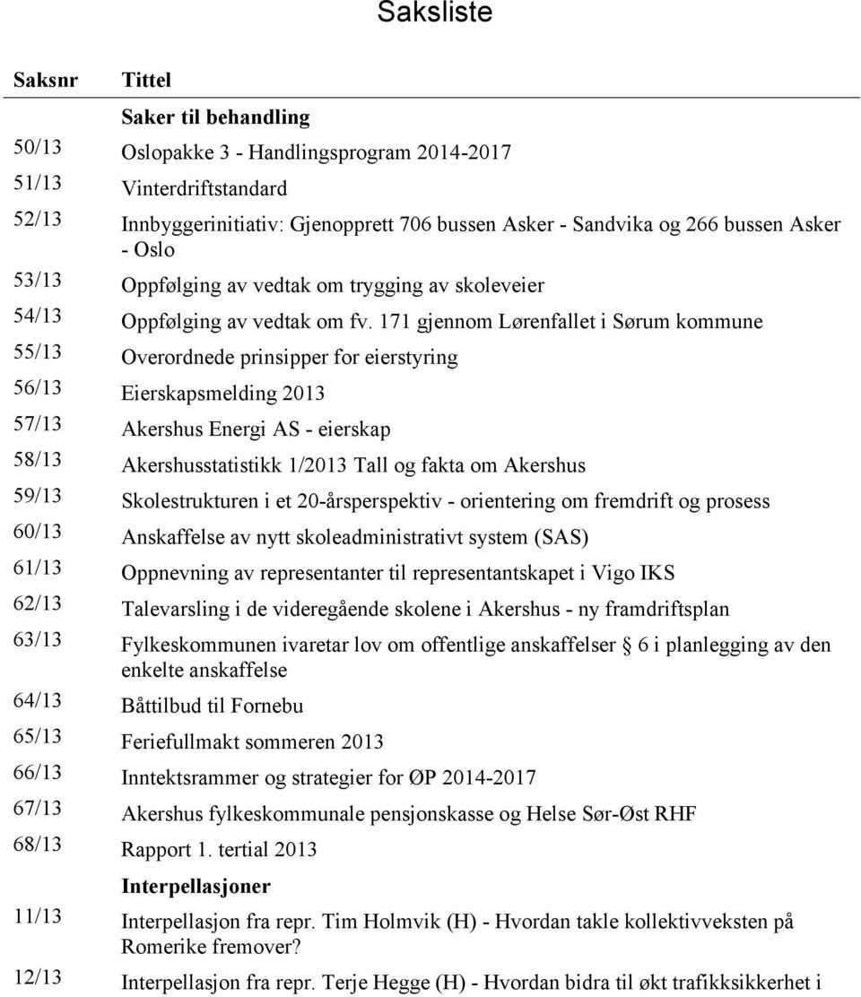 171 gjennom Lørenfallet i Sørum kommune 55/13 Overordnede prinsipper for eierstyring 56/13 Eierskapsmelding 2013 57/13 Akershus Energi AS - eierskap 58/13 Akershusstatistikk 1/2013 Tall og fakta om