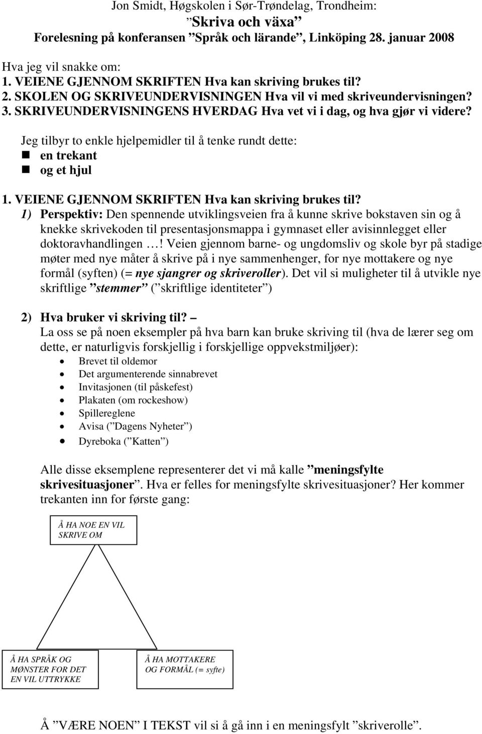 Jeg tilbyr to enkle hjelpemidler til å tenke rundt dette: en trekant og et hjul 1. VEIENE GJENNOM SKRIFTEN Hva kan skriving brukes til?