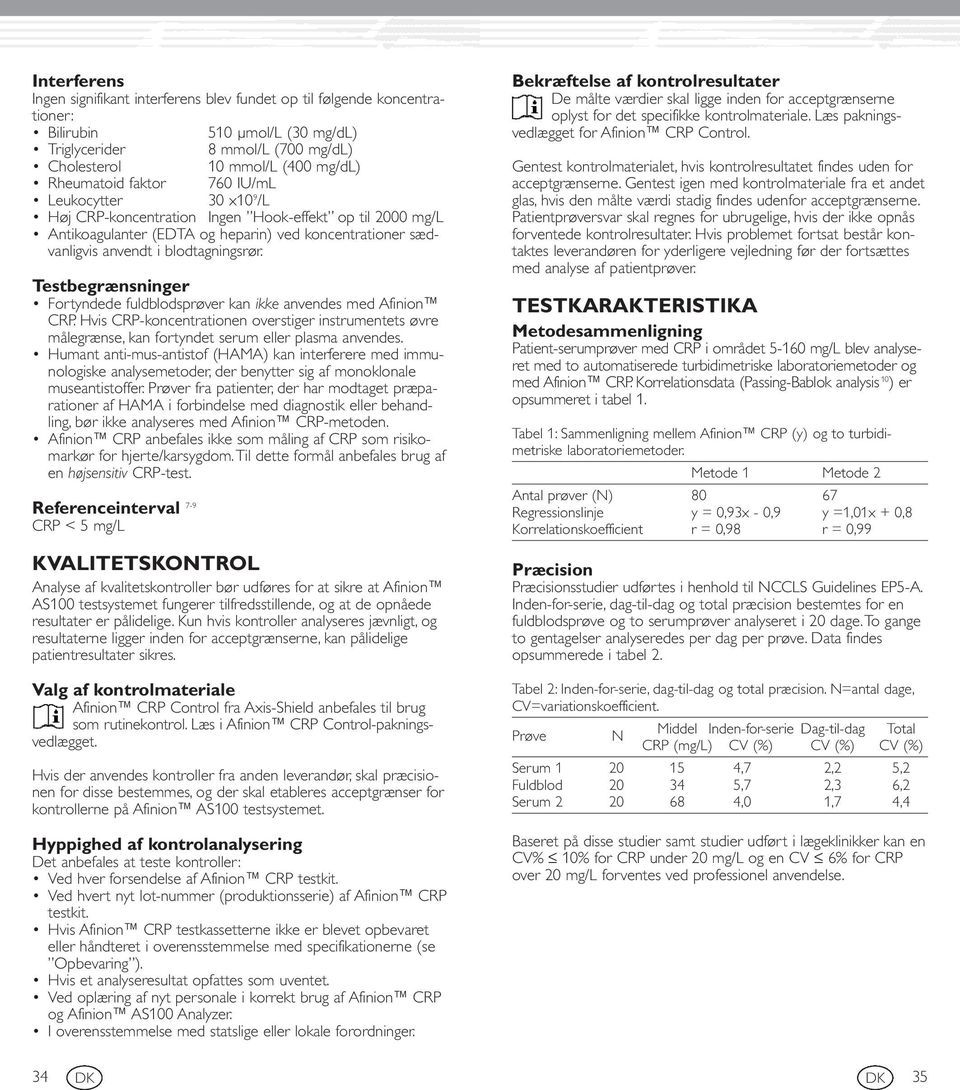 Testbegrænsninger Fortyndede fuldblodsprøver kan ikke anvendes med Afinion CRP. Hvis CRP-koncentrationen overstiger instrumentets øvre målegrænse, kan fortyndet serum eller plasma anvendes.