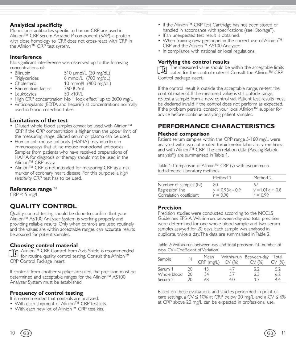 Interference No significant interference was observed up to the following concentrations of: Bilirubin 510 µmol/l (30 mg/dl) Triglycerides 8 mmol/l (700 mg/dl) Cholesterol 10 mmol/l (400 mg/dl)