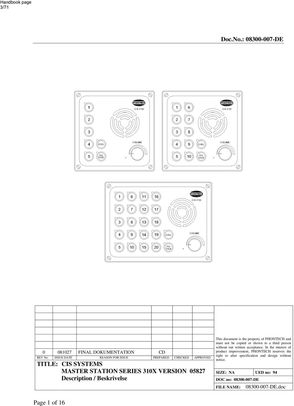 MASTER STATION SERIES 310X VERSION 05827 Description / Beskrivelse This document is the property of PHONTECH and must not be copied