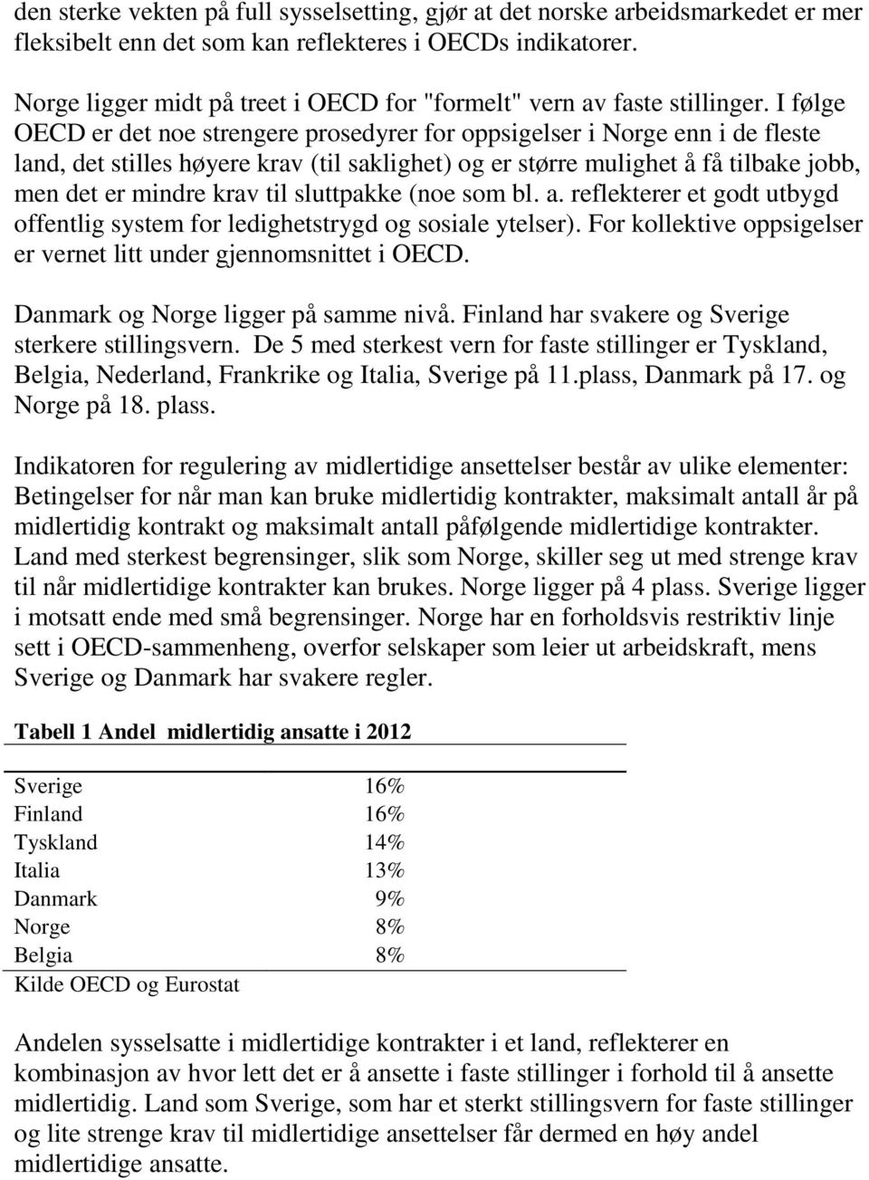 I følge OECD er det noe strengere prosedyrer for oppsigelser i Norge enn i de fleste land, det stilles høyere krav (til saklighet) og er større mulighet å få tilbake jobb, men det er mindre krav til