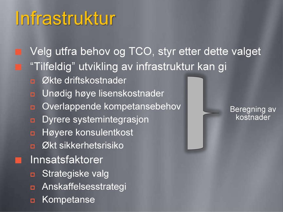 Overlappende kompetansebehov Dyrere systemintegrasjon Høyere konsulentkost Økt