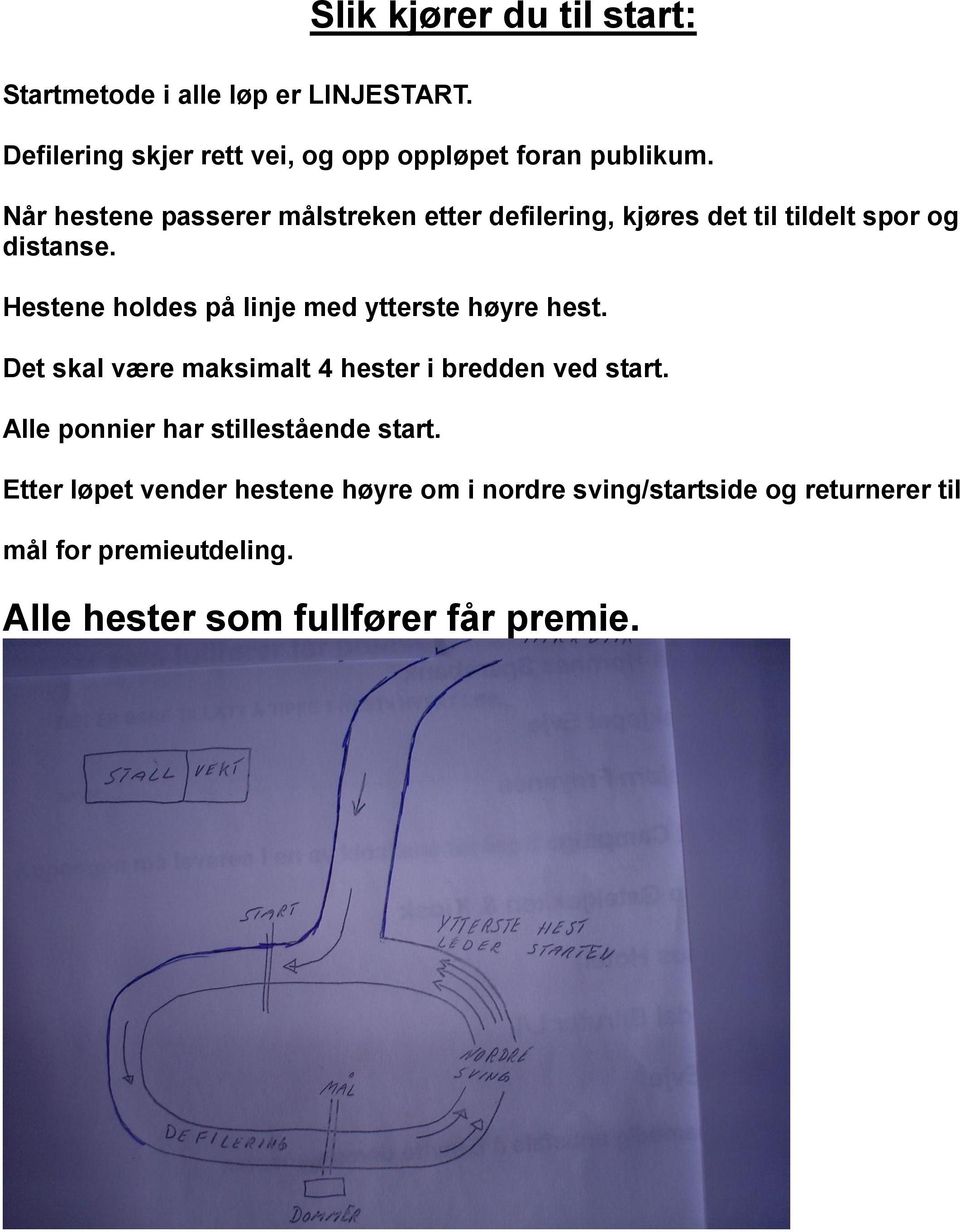 Hestene holdes på linje med ytterste høyre hest. Det skal være maksimalt 4 hester i bredden ved start.