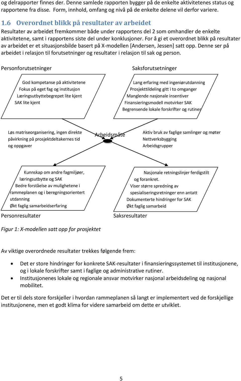 For å gi et overordnet blikk på resultater av arbeidet er et situasjonsbilde basert på X-modellen [Andersen, Jessen] satt opp.