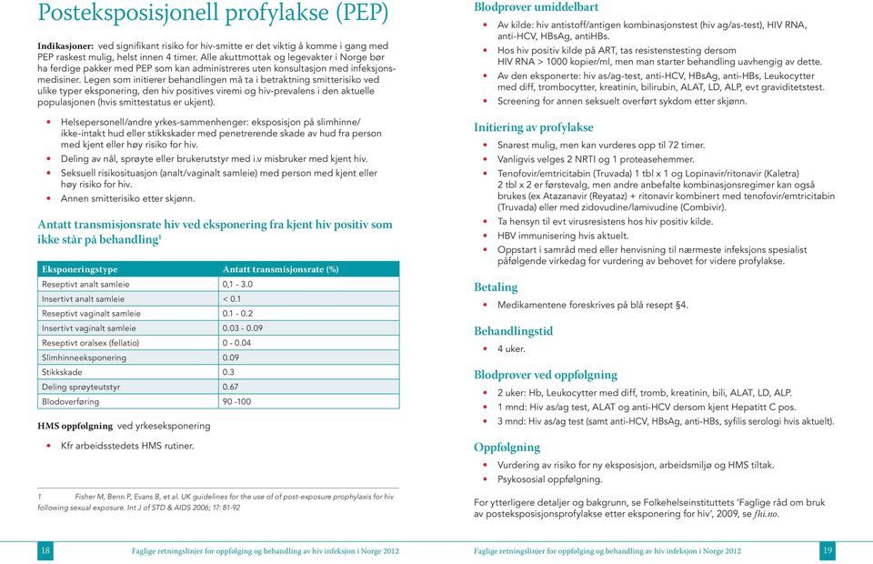 Legen som initierer behandlingen må ta i betraktning smitterisiko ved ulike typer eksponering, den hiv positives viremi og hiv-prevalens i den aktuelle populasjonen (hvis smittestatus er ukjent).