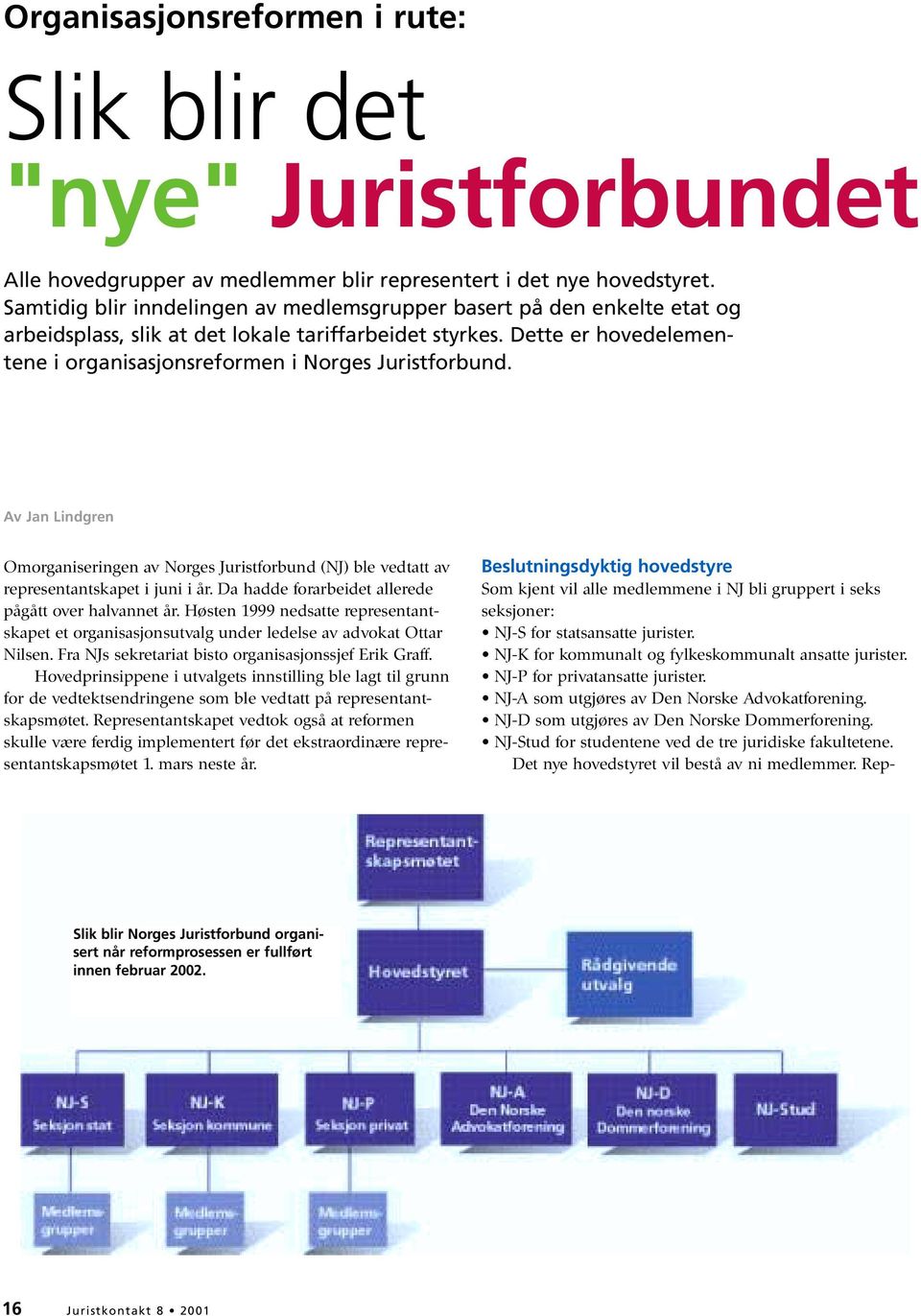 Dette er hovedelementene i organisasjonsreformen i Norges Juristforbund. Av Jan Lindgren Omorganiseringen av Norges Juristforbund (NJ) ble vedtatt av representantskapet i juni i år.