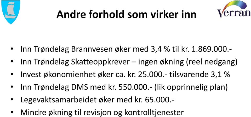 kr. 25.000.- tilsvarende 3,1 % Inn Trøndelag DMS med kr. 550.000.- (lik opprinnelig plan) Legevaktsamarbeidet øker med kr.