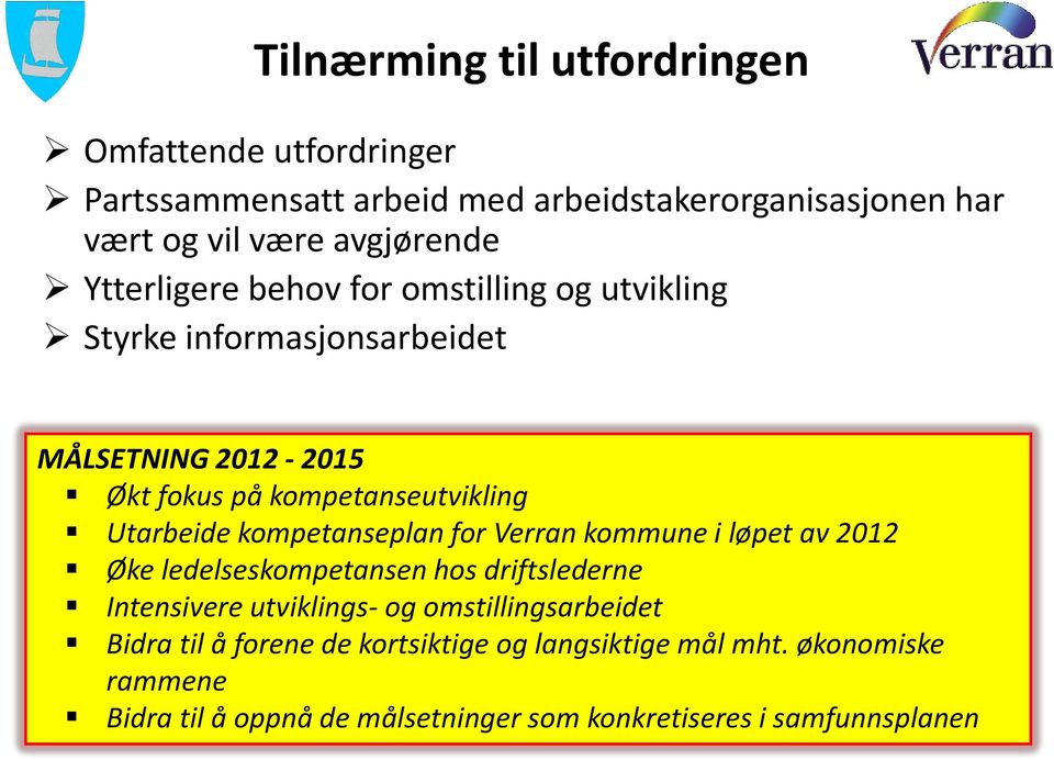 kompetanseplan for Verran kommune i løpet av 2012 Øke ledelseskompetansen hos driftslederne Intensivere utviklings- og omstillingsarbeidet