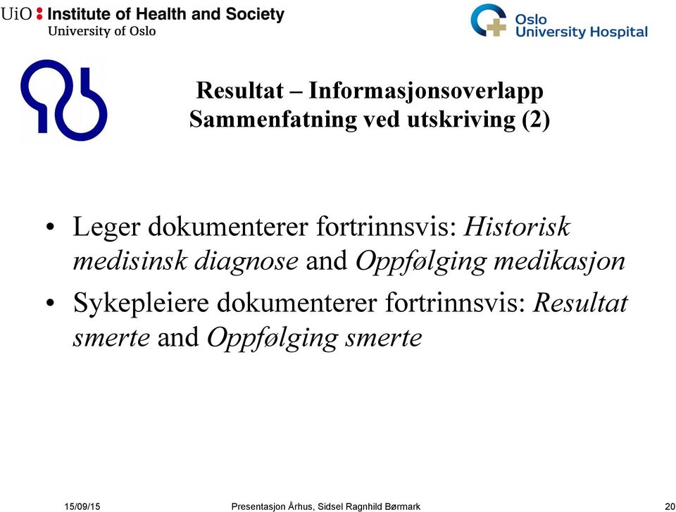 medikasjon Sykepleiere dokumenterer fortrinnsvis: Resultat smerte and