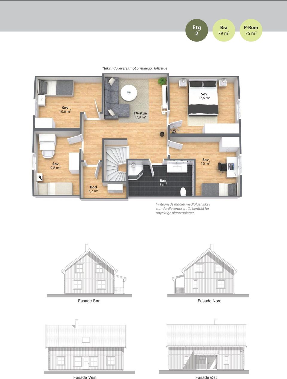 9,8 m 2 10 m 2 Bod 3,2 m 2 Bad 8 m 2 Inntegnede møbler