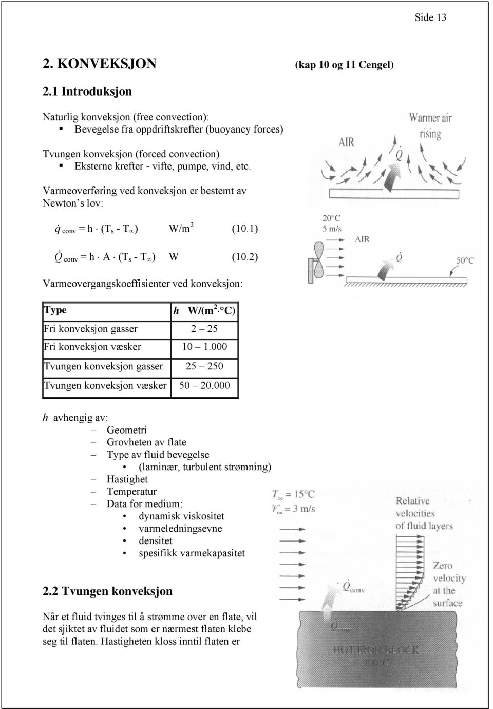 Varmeoverførng ved konveksjon er bestemt av Newton s lov: q& conv h ( s - W/m (0. Q & conv h A ( s - W (0.