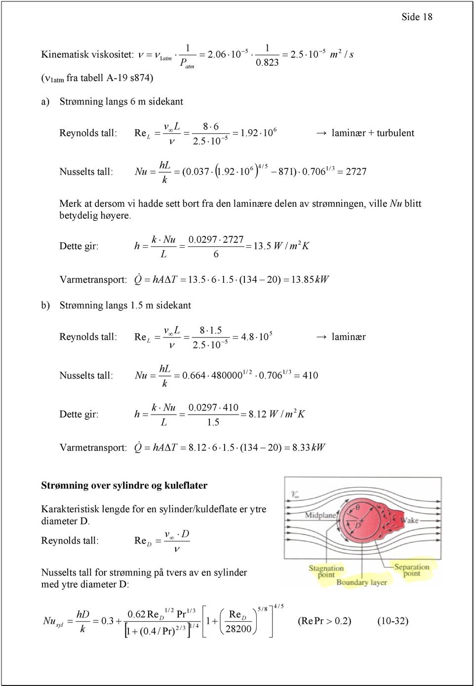 Dette gr: h k Nu L 0.097 77 3.5 W / m 6 K Varmetransport: Q& ha 3.5 6.5 (34 0 3. 85kW b Strømnng langs.5 m sdekant Reynolds tall: Re v L ν 8.5 0 5.5 0 5 L 4.8 lamnær hl / / 3 Nusselts tall: Nu 0.