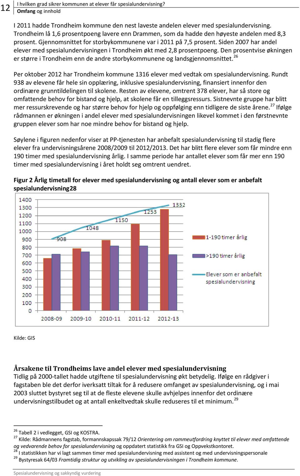 Siden 2007 har andel elever med spesialundervisningen i Trondheim økt med 2,8 prosentpoeng. Den prosentvise økningen er større i Trondheim enn de andre storbykommunene og landsgjennomsnittet.