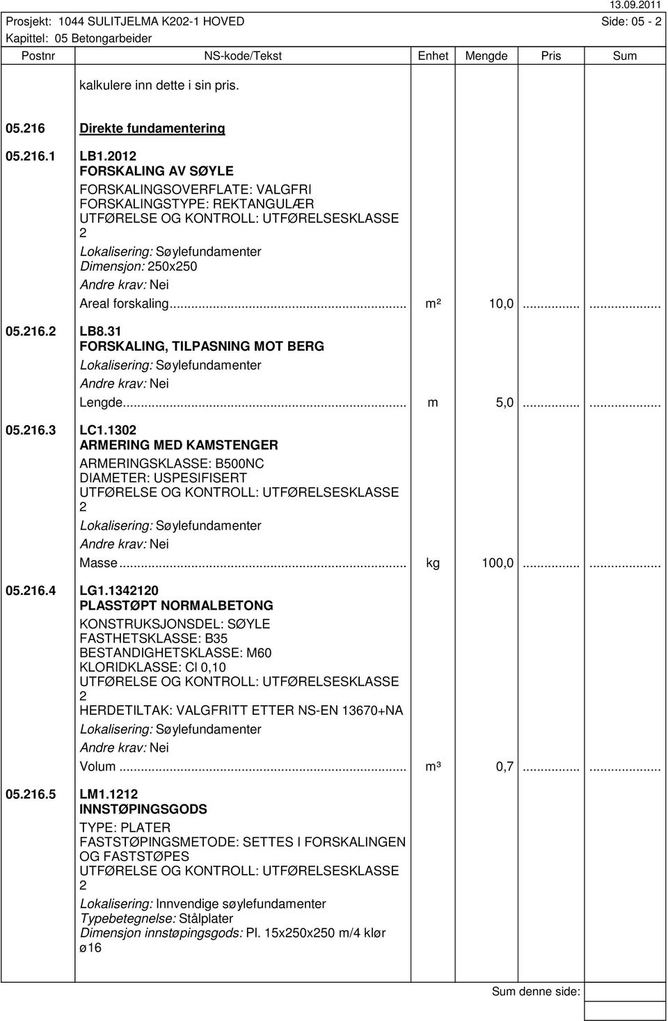 31 FORSKALING, TILPASNING MOT BERG Lokalisering: Søylefundamenter Lengde... m 5,0...... 05.16.3 LC1.