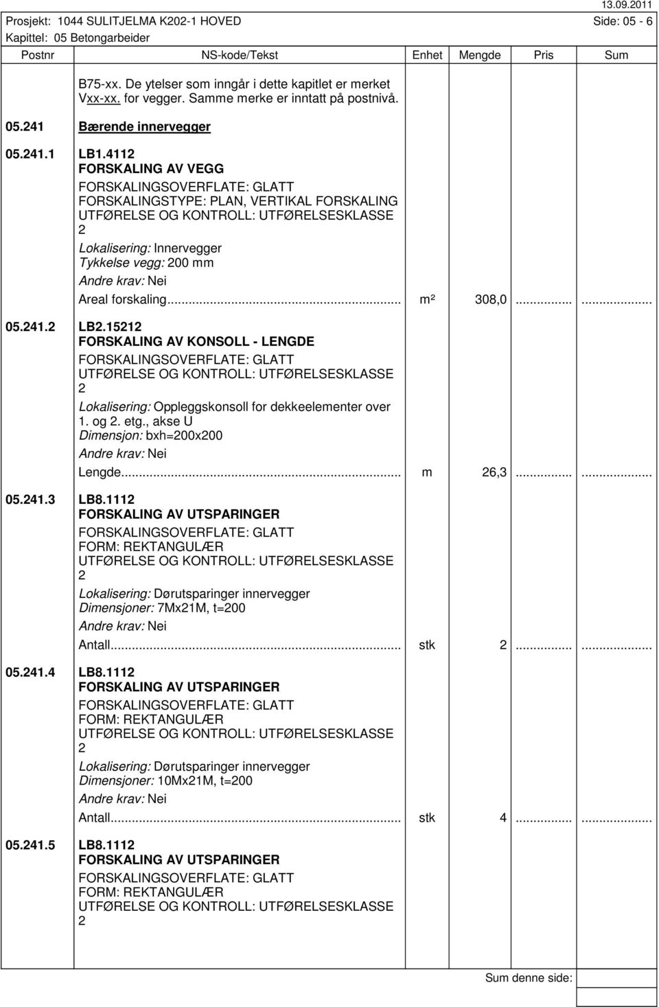 .. m² 308,0...... 05.41. LB.151 FORSKALING AV KONSOLL - LENGDE FORSKALINGSOVERFLATE: GLATT Lokalisering: Oppleggskonsoll for dekkeelementer over 1. og. etg., akse U Dimensjon: bxh=00x00 Lengde... m 6,3.