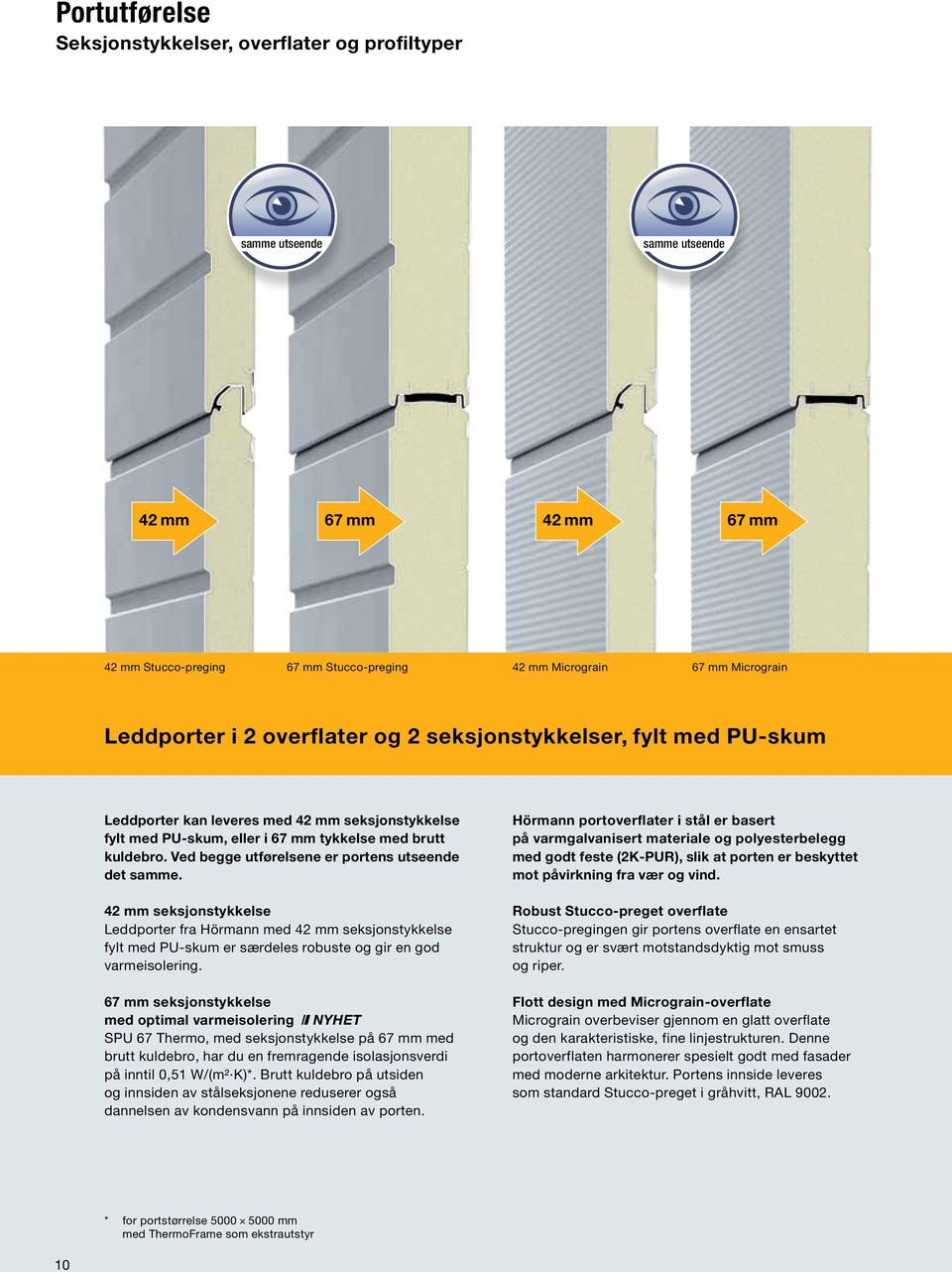 Ved begge utførelsene er portens utseende det samme. 42 mm seksjonstykkelse Leddporter fra Hörmann med 42 mm seksjonstykkelse fylt med PU-skum er særdeles robuste og gir en god varmeisolering.