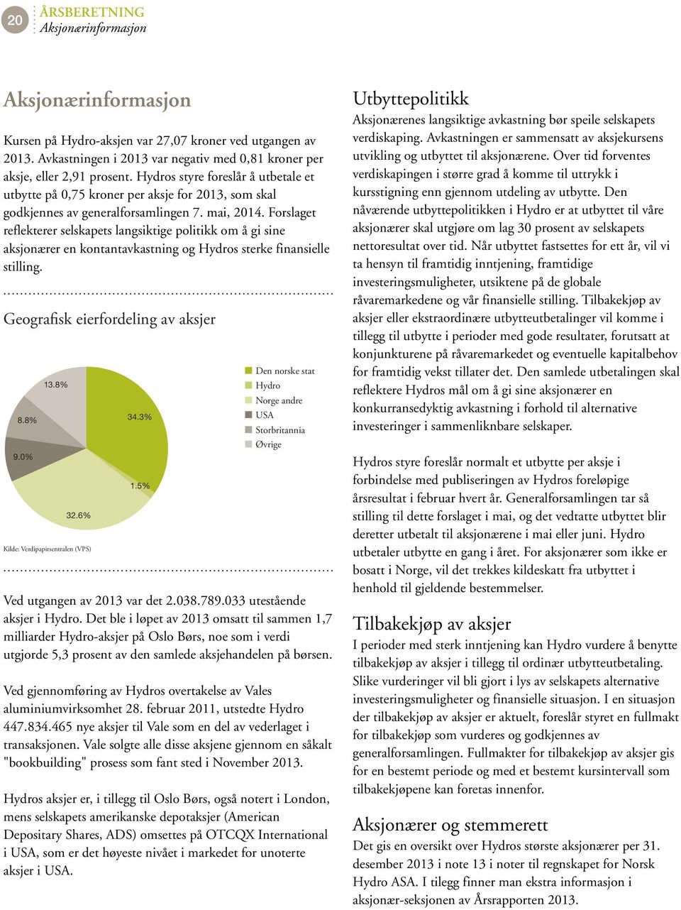 Forslaget reflekterer selskapets langsiktige politikk om å gi sine aksjonærer en kontantavkastning og Hydros sterke finansielle stilling. Geografisk eierfordeling av aksjer 8.8% 9.0% 13.8% 32.