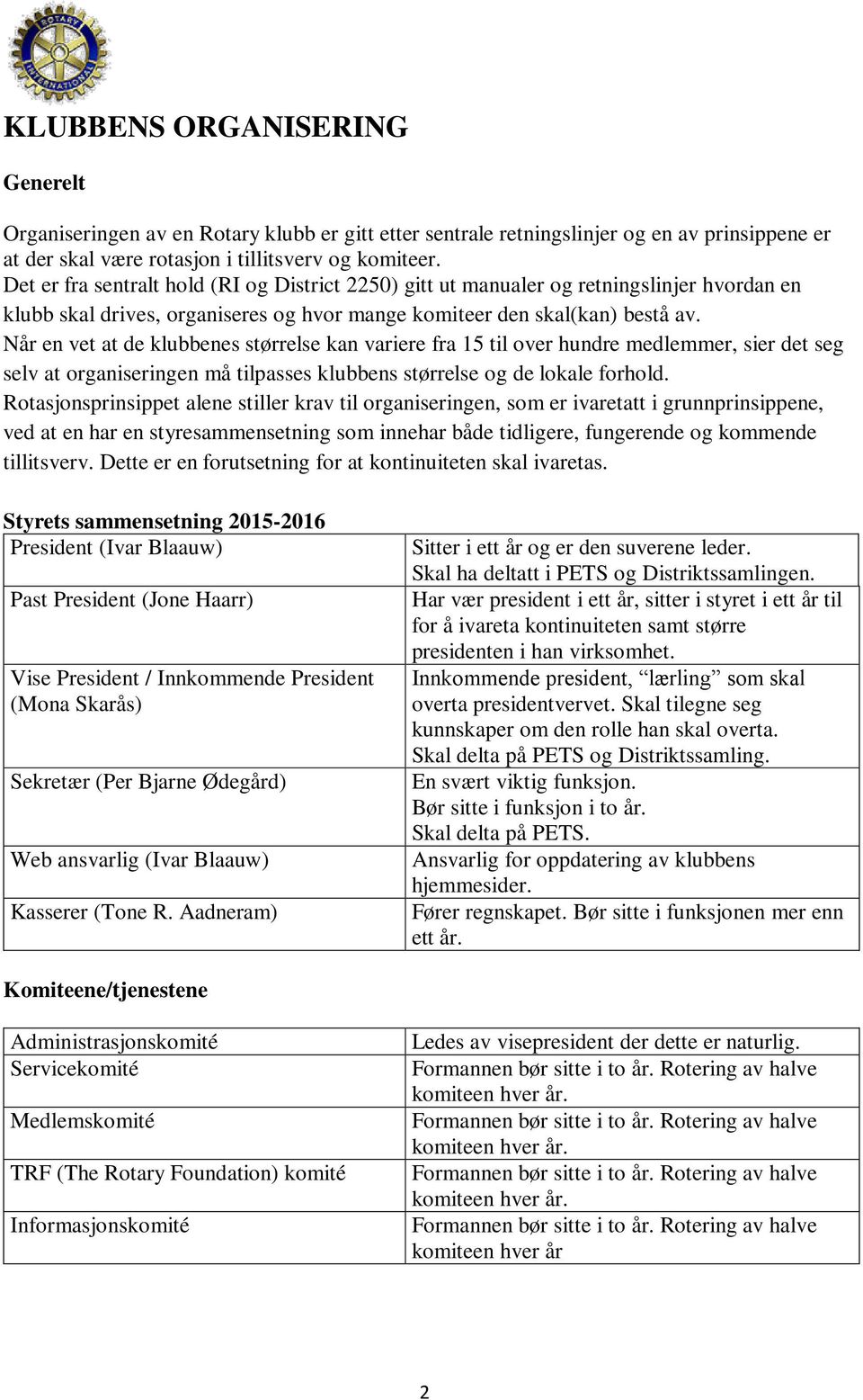 Når en vet at de klubbenes størrelse kan variere fra 15 til over hundre medlemmer, sier det seg selv at organiseringen må tilpasses klubbens størrelse og de lokale forhold.