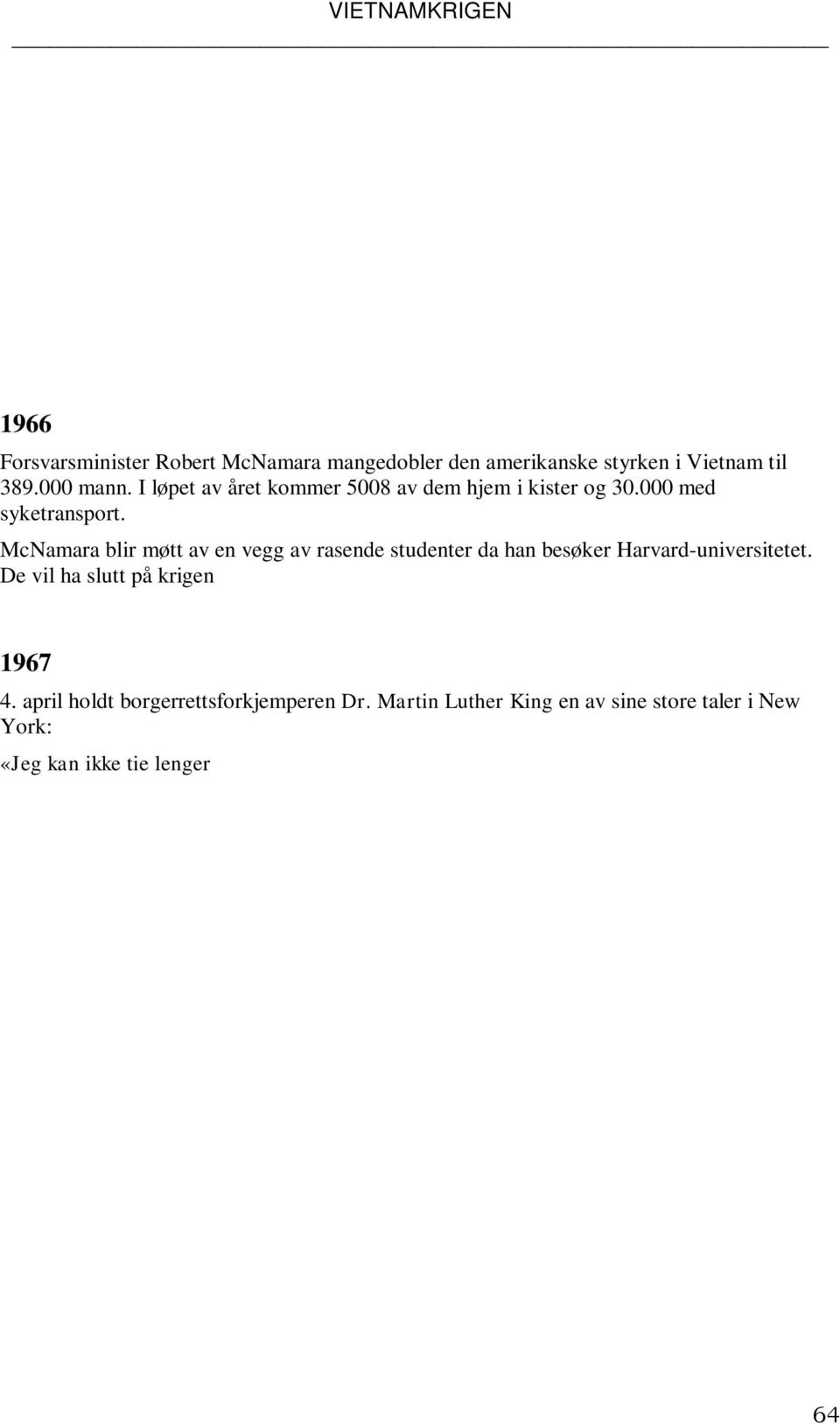 Martin Luther King en av sine store taler i New York: «Jeg kan ikke tie lenger Vi tok de svarte unge menn som allerede var blitt forkrøplet av vårt eget samfunn og sendte dem tusen mil vekk for å