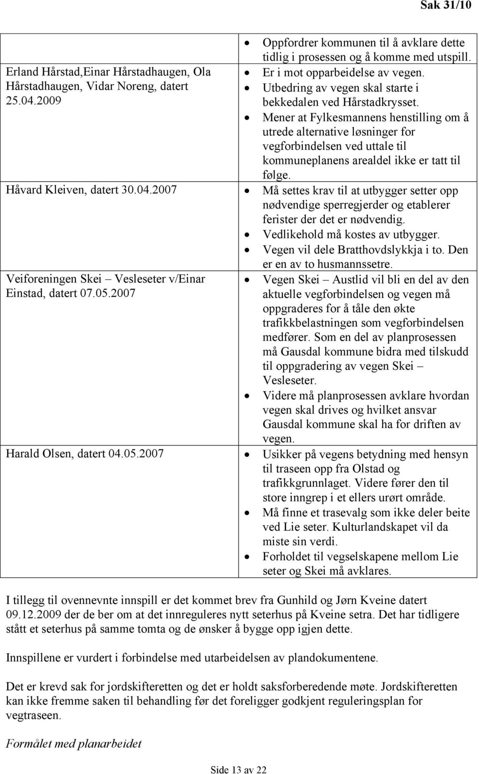 Mener at Fylkesmannens henstilling om å utrede alternative løsninger for vegforbindelsen ved uttale til kommuneplanens arealdel ikke er tatt til følge. Håvard Kleiven, datert 30.04.