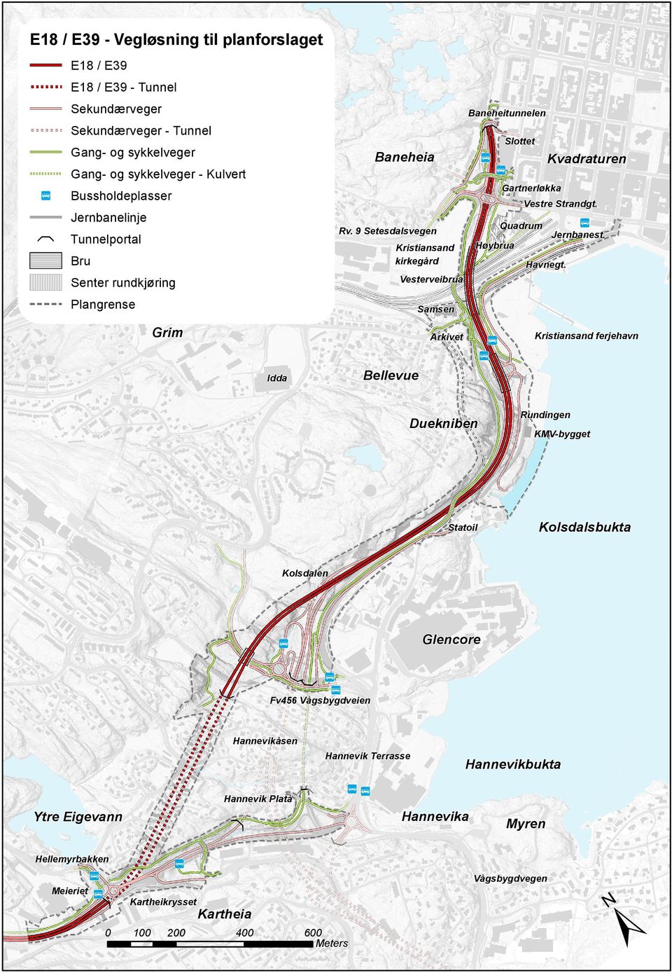 9 Setesdalsvegen Tunnelportal Kvadraturen Høybrua Kristiansand kirkegård Bru Senter rundkjøring Havnegt. Vesterveibrua Plangrense Jernbanest.