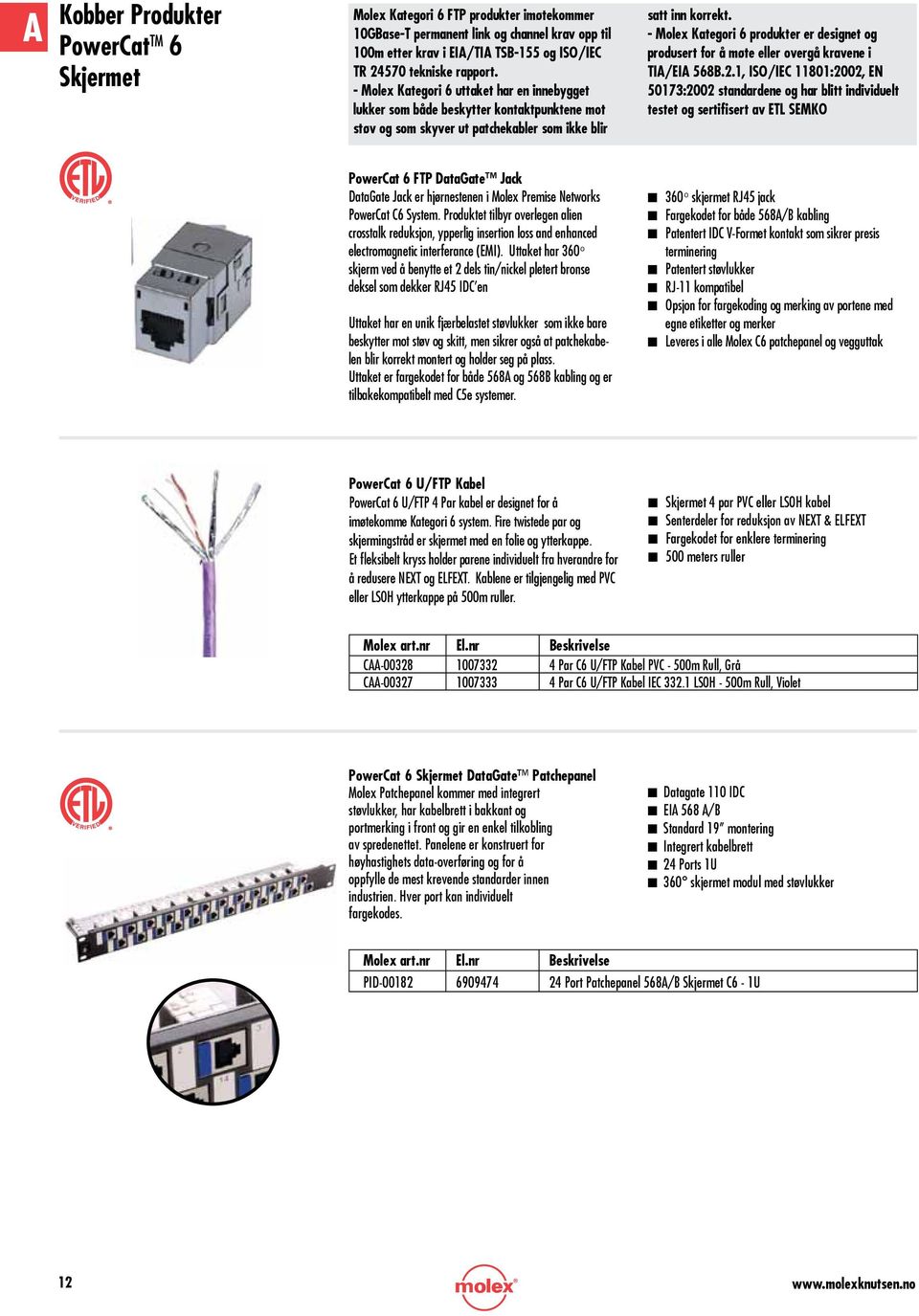 - Molex Kategori 6 produkter er designet og produsert for å møte eller overgå kravene i TIA/EIA 568B.2.