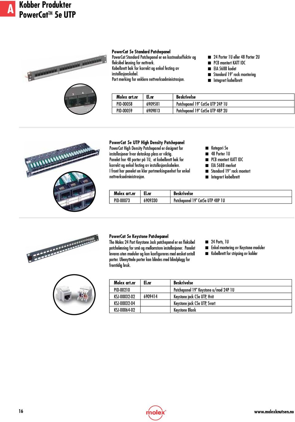 n 24 Porter 1U eller 48 Porter 2U n PCB montert KATT IDC n EIA 568B kodet n Standard 19" rack montering n Integrert kabelbrett PID-00058 6909581 Patchepanel 19" Cat5e UTP 24P 1U PID-00059 6909813