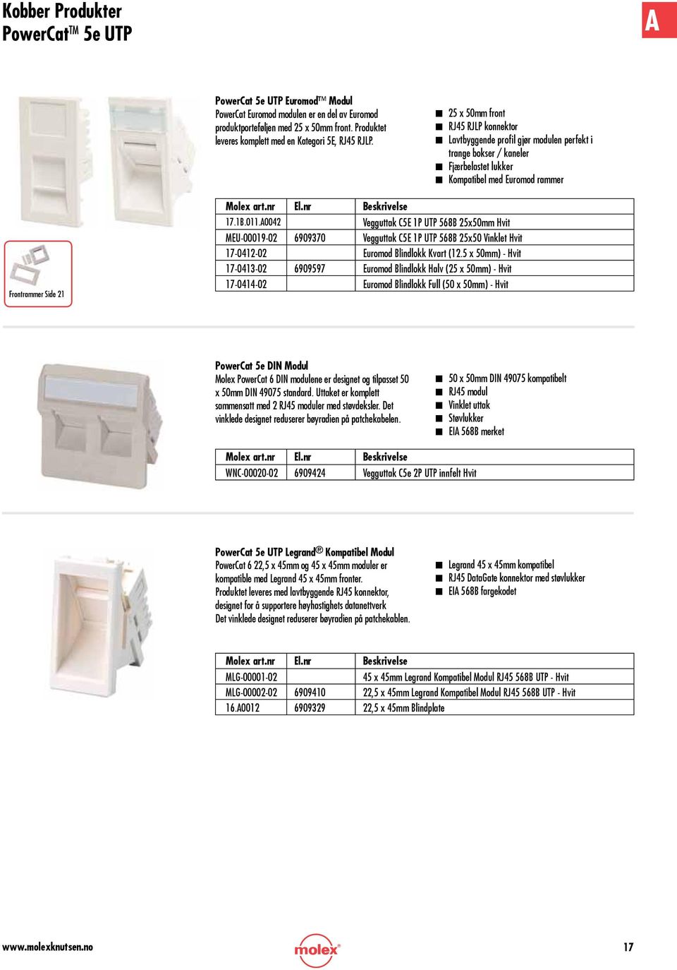 n 25 x 50mm front n RJ45 RJLP konnektor n Lavtbyggende profil gjør modulen perfekt i trange bokser / kaneler n Fjærbelastet lukker n Kompatibel med Euromod rammer Frontrammer Side 21 17.1B.011.