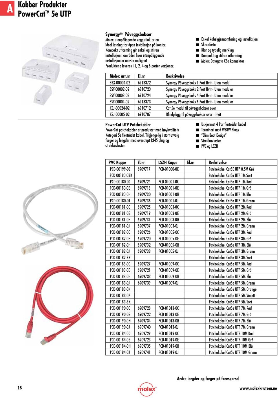 n Enkel kabelgjennomføring og installasjon n Skruefeste n Klar og tydelig merking n Kompakt og stilren utforming n Molex Datagate C5e konnektor SBX-00004-02 6918372 Synergy Påveggsboks 1 Port Hvit -