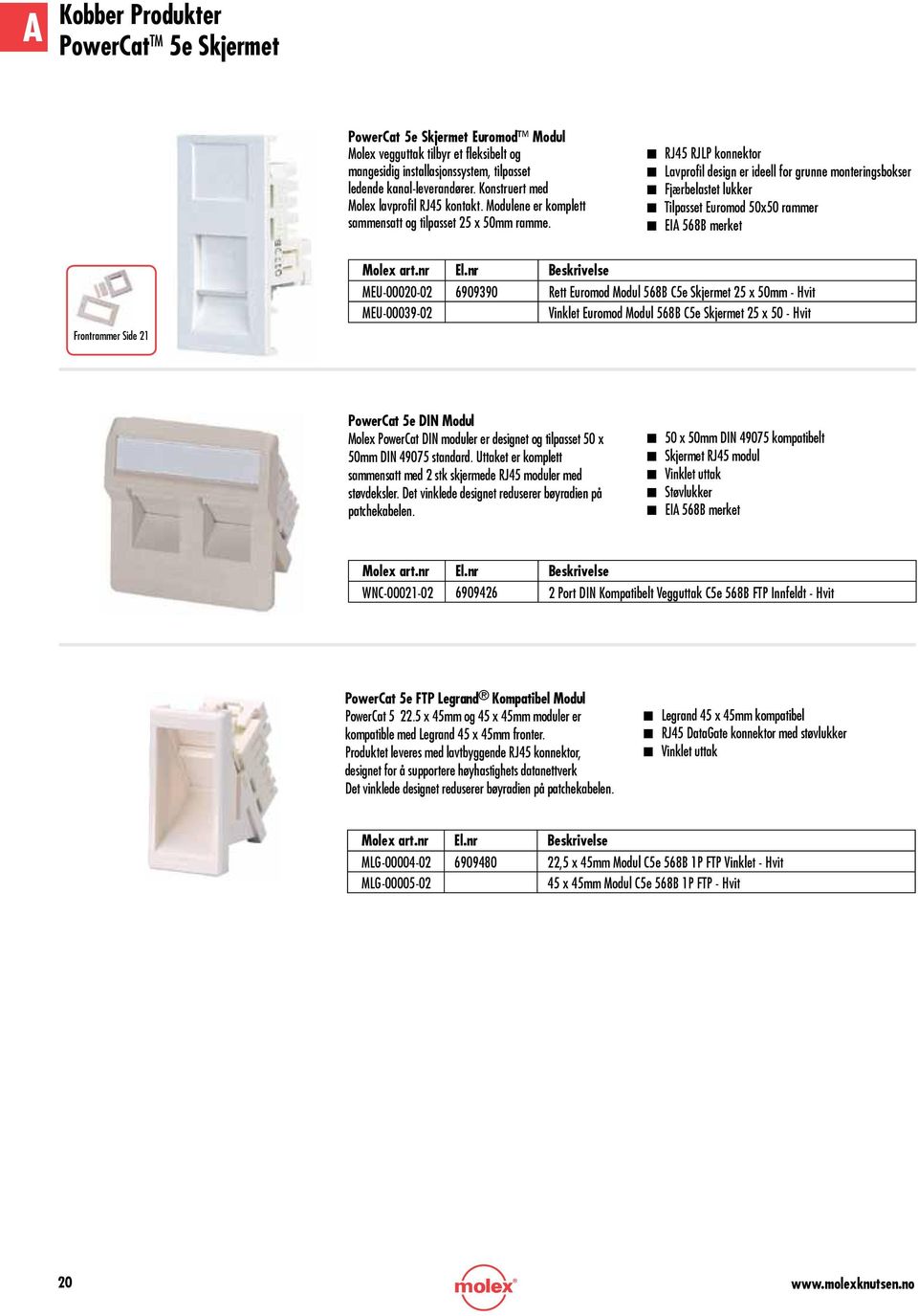 n RJ45 RJLP konnektor n Lavprofil design er ideell for grunne monteringsbokser n Fjærbelastet lukker n Tilpasset Euromod 50x50 rammer n EIA 568B merket Frontrammer Side 21 MEU-00020-02 6909390 Rett