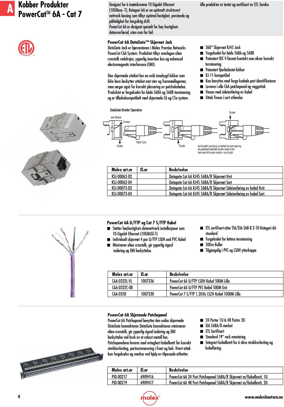 PowerCat 6A DataGate Skjermet Jack DataGate Jack er hjørnestenen i Molex Premise Networks PowerCat C6A System.