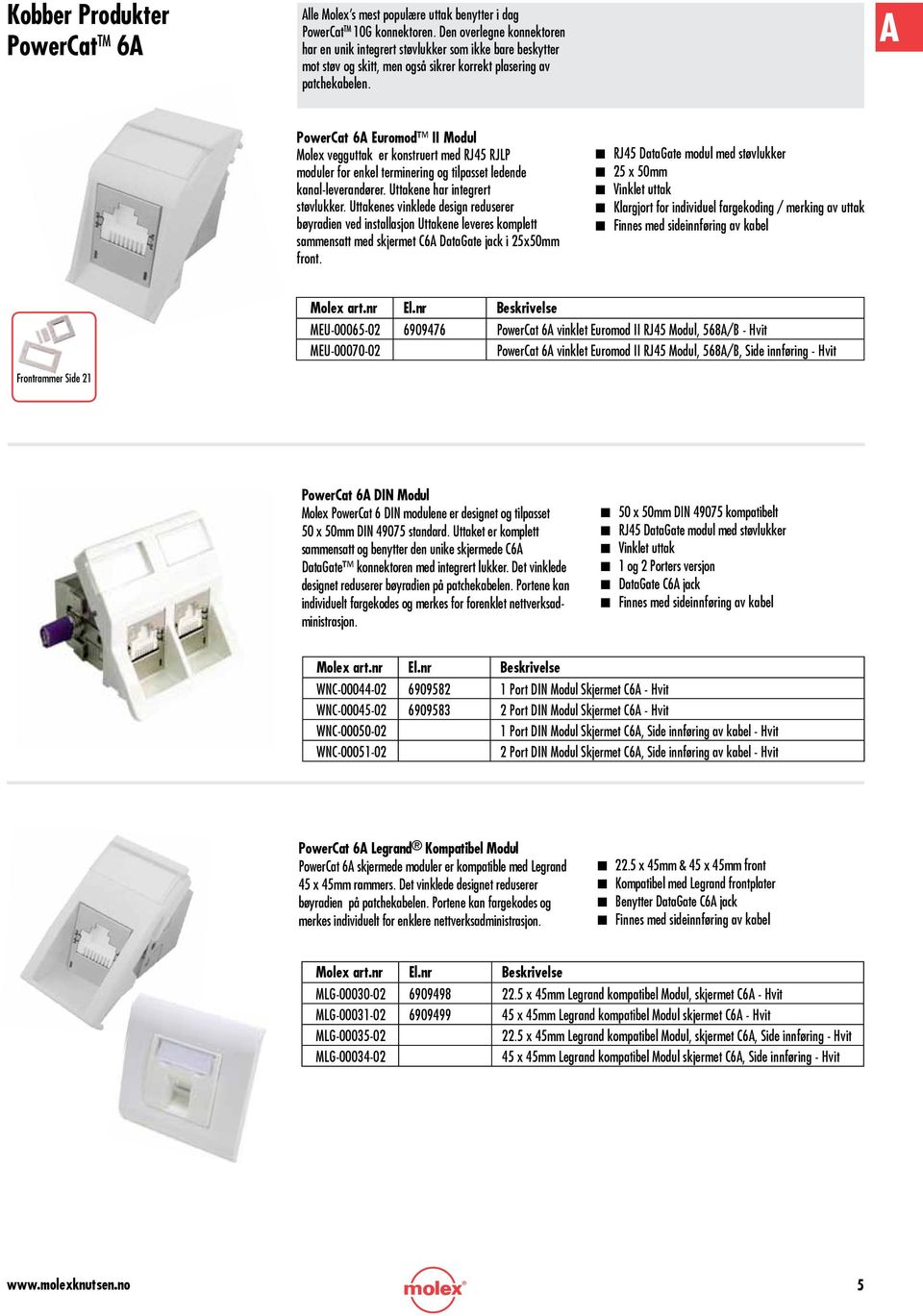 A PowerCat 6A Euromod II Modul Molex vegguttak er konstruert med RJ45 RJLP moduler for enkel terminering og tilpasset ledende kanal-leverandører. Uttakene har integrert støvlukker.