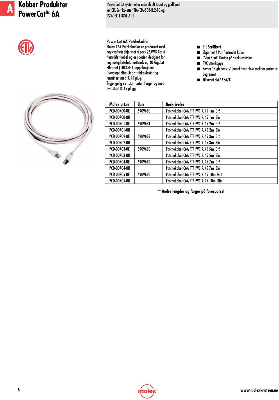 801 A1.1. PowerCat 6A Patchekabler Molex C6A Patchekabler er produsert med høykvalitets skjermet 4 pars 26AWG Cat 6 flertrådet kabel og er spesielt designet for høyhastighetsdata nettverk og