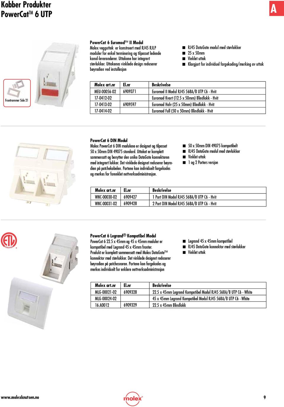 Uttakenes vinklede design reduserer bøyradien ved installasjon n RJ45 DataGate modul med støvlukker n 25 x 50mm n Vinklet uttak n Klargjort for individuel fargekoding/merking av uttak Frontrammer