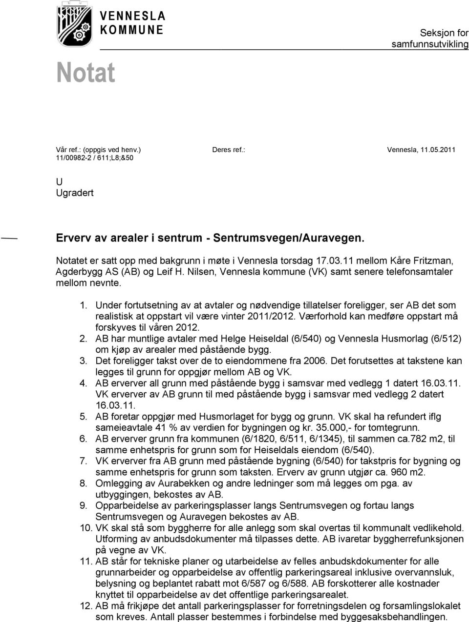 11 mellom Kåre Fritzman, Agderbygg AS (AB) og Leif H. Nilsen, Vennesla kommune (VK) samt senere telefonsamtaler mellom nevnte. 1.