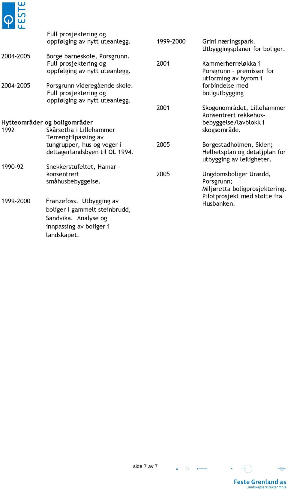 1990-92 Snekkerstufeltet, Hamar konsentrert småhusbebyggelse. 1999-2000 Franzefoss. Utbygging av boliger i gammelt steinbrudd, Sandvika. Analyse og innpassing av boliger i landskapet.