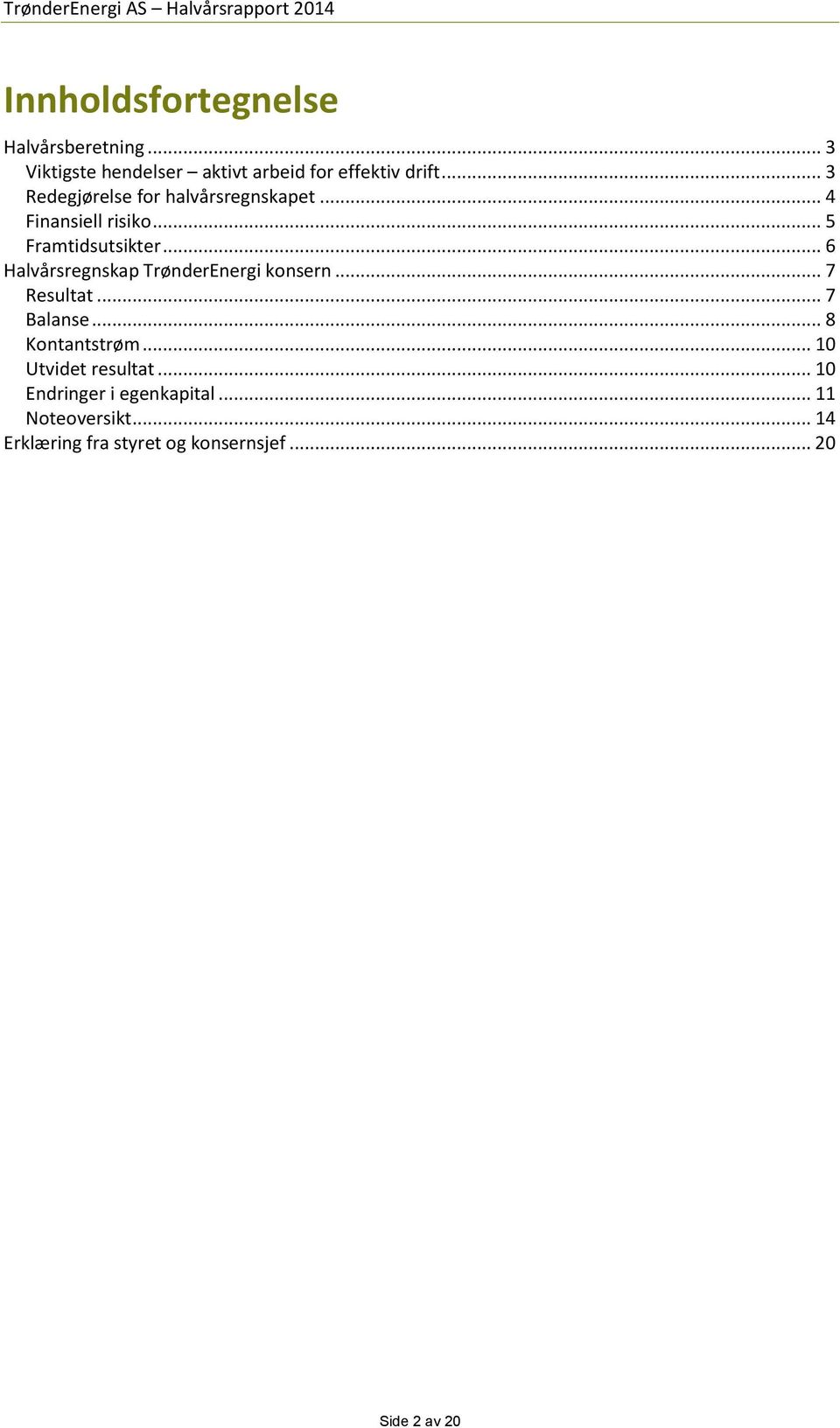 .. 4 Finansiell risiko... 5 Framtidsutsikter... 6 Halvårsregnskap TrønderEnergi konsern... 7 Resultat.