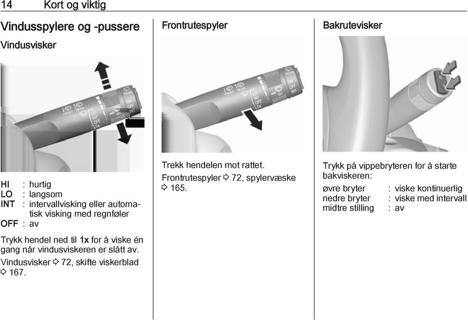 vindusviskeren er slått av. Vindusvisker 3 72, skifte viskerblad 3 167. Trekk hendelen mot rattet.