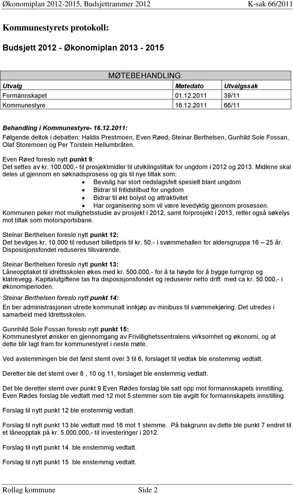 Even Røed foreslo nytt punkt 9: Det settes av kr. 100.000,- til prosjektmidler til utviklingstiltak for ungdom i 2012 og 2013.