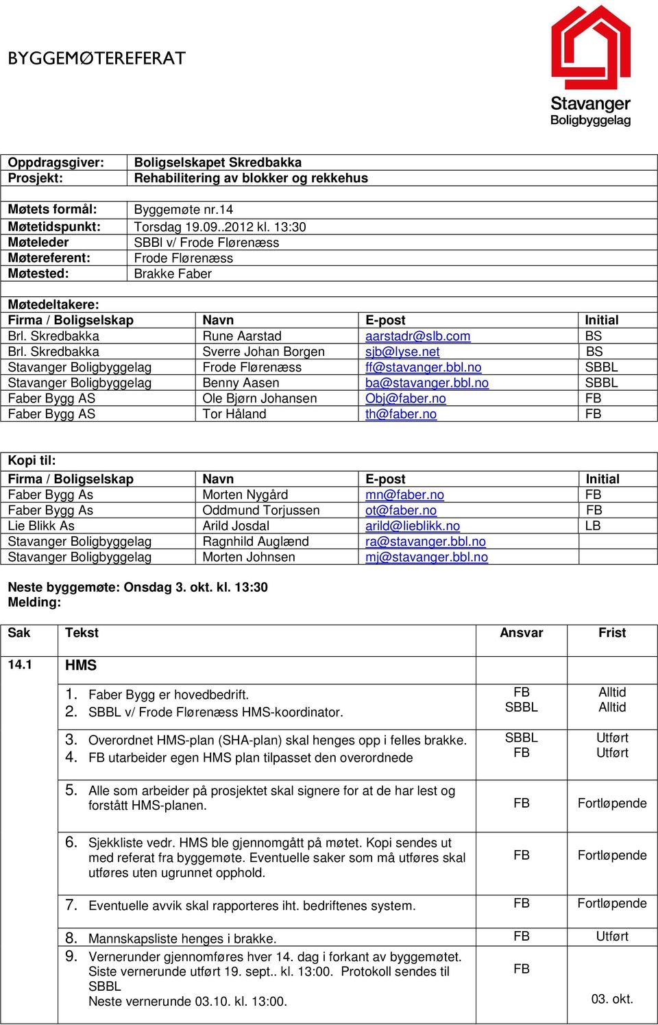 com BS Brl. Skredbakka Sverre Johan Borgen sjb@lyse.net BS Stavanger Boligbyggelag Frode Flørenæss ff@stavanger.bbl.no Stavanger Boligbyggelag Benny Aasen ba@stavanger.bbl.no Faber Bygg AS Ole Bjørn Johansen Obj@faber.