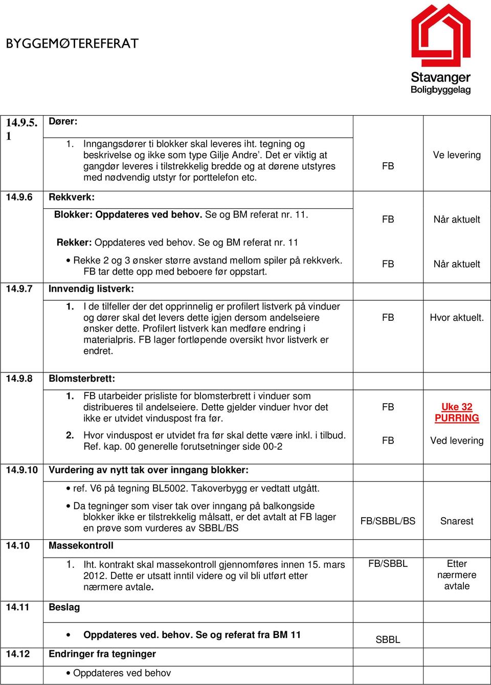 11. Rekker: Oppdateres ved behov. Se og BM referat nr. 11 Rekke 2 og 3 ønsker større avstand mellom spiler på rekkverk. tar dette opp med beboere før oppstart. 14.9.7 Innvendig listverk: 1.