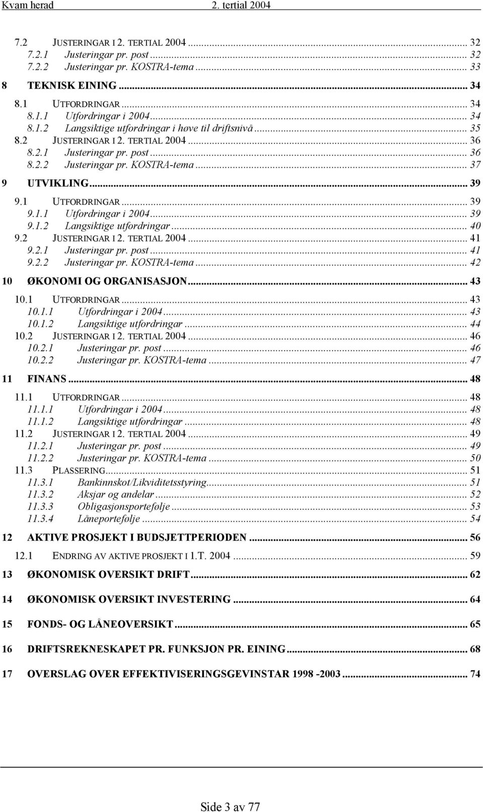 .. 40 9.2 JUSTERINGAR I 2. TERTIAL 2004... 41 9.2.1 Justeringar pr. post... 41 9.2.2 Justeringar pr. KOSTRA-tema... 42 10 ØKONOMI OG ORGANISASJON... 43 10.1 UTFORDRINGAR... 43 10.1.1 Utfordringar i 2004.