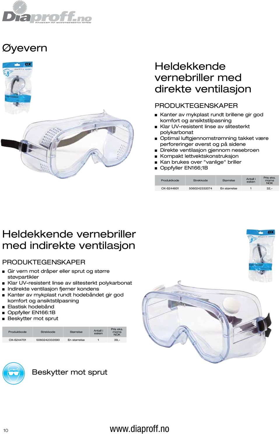 5060242332074 En størrelse 1 32,- Heldekkende vernebriller med indirekte ventilasjon Gir vern mot dråper eller sprut og større støvpartikler Klar UV-resistent linse av slitesterkt polykarbonat