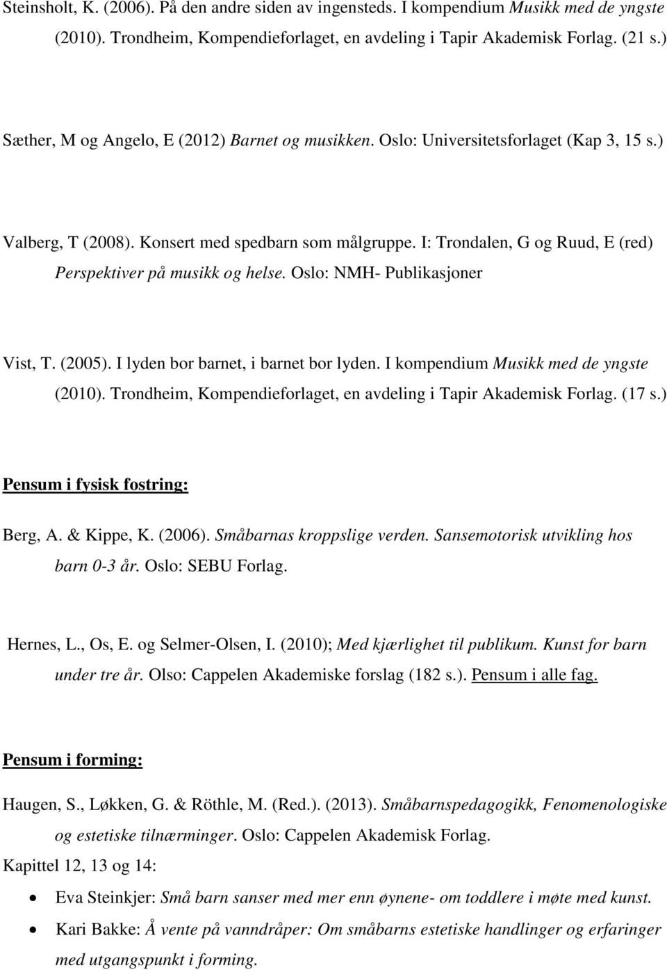 (2005). I lyden bor barnet, i barnet bor lyden. I kompendium Musikk med de yngste (2010). Trondheim, (17 s.) Pensum i fysisk fostring: Berg, A. & Kippe, K. (2006). Småbarnas kroppslige verden.