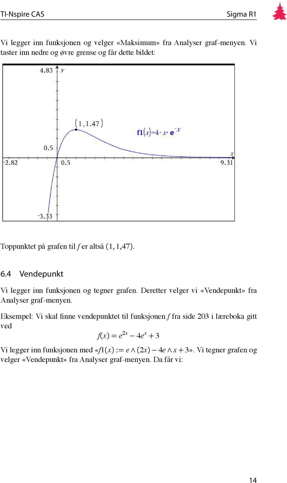 4 Vendepunkt Vi legger inn funksjonen og tegner grafen. Deretter velger vi «Vendepunkt» fra Analyser graf-menyen.