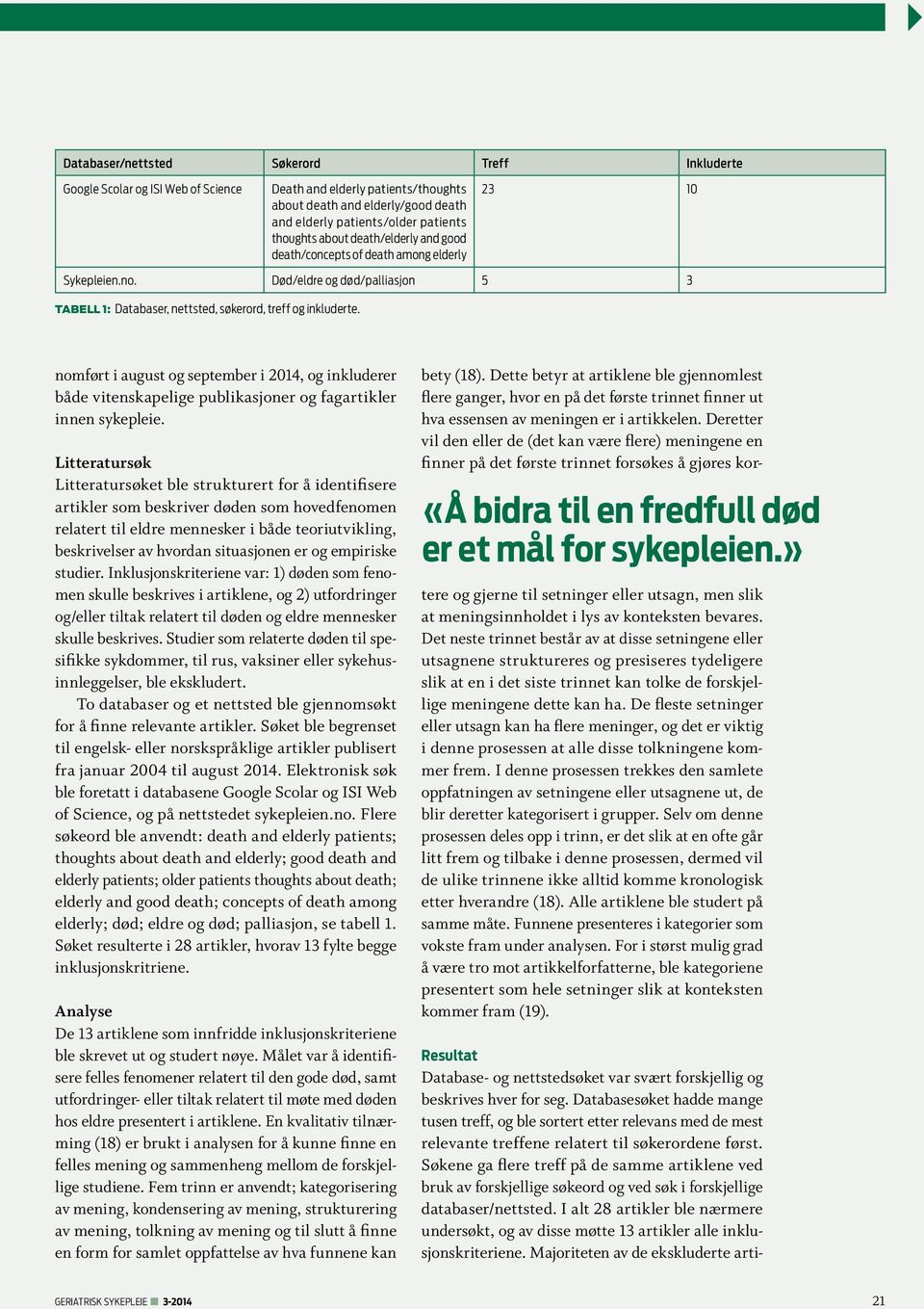 nomført i august og september i 2014, og inkluderer både vitenskapelige publikasjoner og fagartikler innen sykepleie.