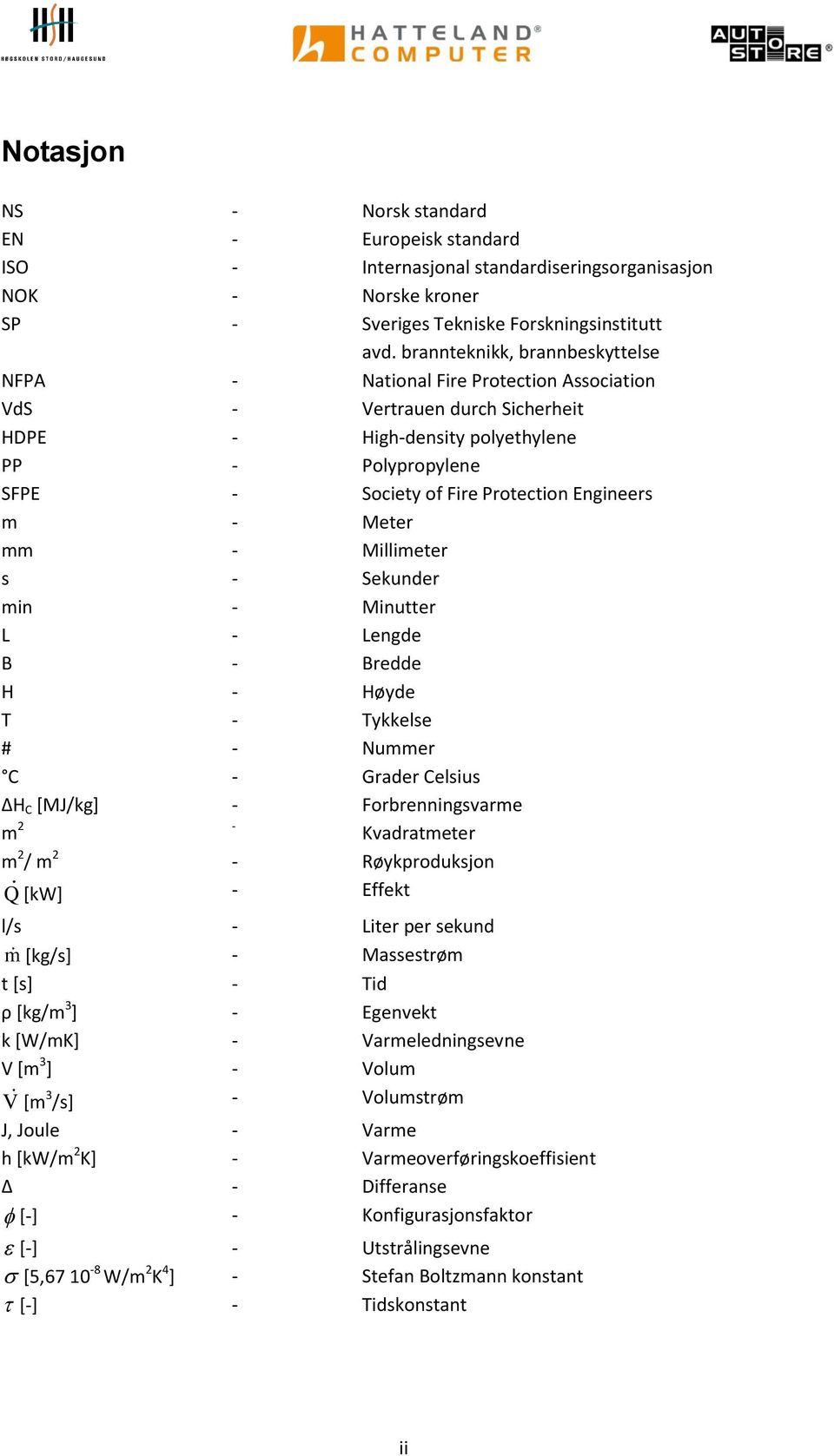 Engineers m - Meter mm - Millimeter s - Sekunder min - Minutter L - Lengde B - Bredde H - Høyde T - Tykkelse # - Nummer C - Grader Celsius H C [MJ/kg] - Forbrenningsvarme m 2 - Kvadratmeter m 2 / m 2