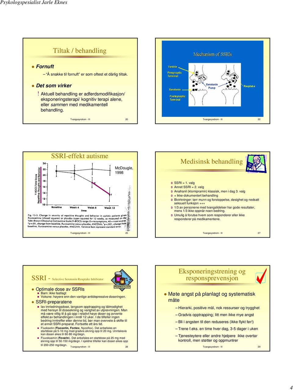 Tvangssyndrom - III 20 Tvangssyndrom - III 22 SSRI-effekt autisme McDougle, 1998 Medisinsk behandling SSRI = 1. valg Annet SSRI = 2. valg Anafranil (klomipramin) klassisk, men i dag 3.