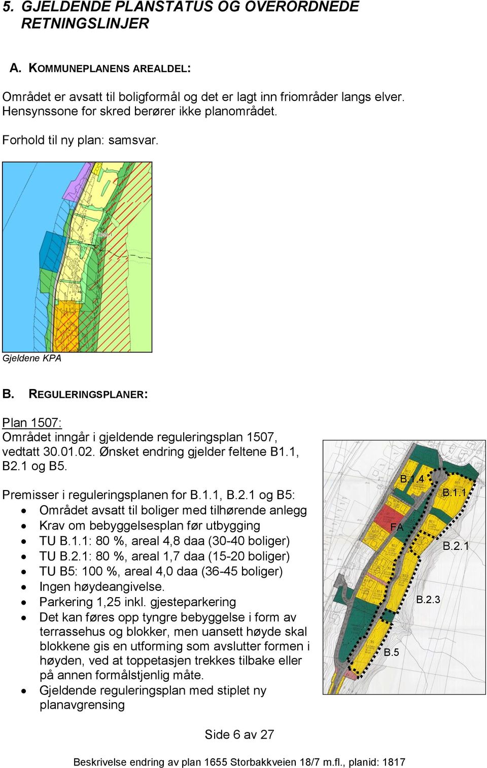 Ønsket endring gjelder feltene B1.1, B2.1 og B5. Premisser i reguleringsplanen for B.1.1, B.2.1 og B5: Området avsatt til boliger med tilhørende anlegg Krav om bebyggelsesplan før utbygging TU B.1.1: 80 %, areal 4,8 daa (30-40 boliger) TU B.